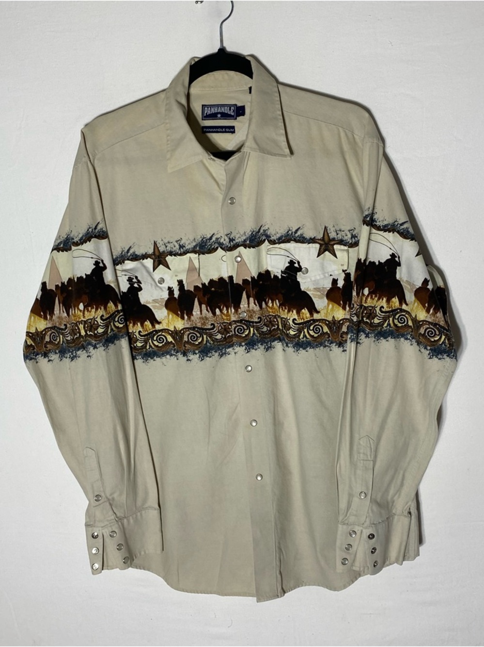Vintage 90s Panhandle Slim Cowboy Border Print Pearl Snap Western Shirt L